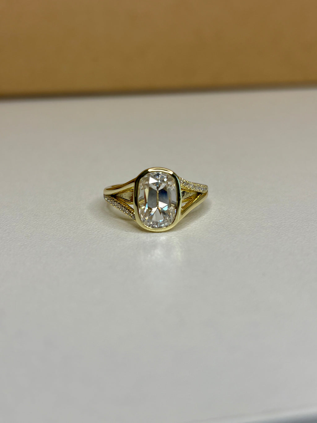 Old Mine Cut Moissanite Travel Ring – 3.25 CT 7x10mm | Gold Plated Sterling Silver | Size 6
