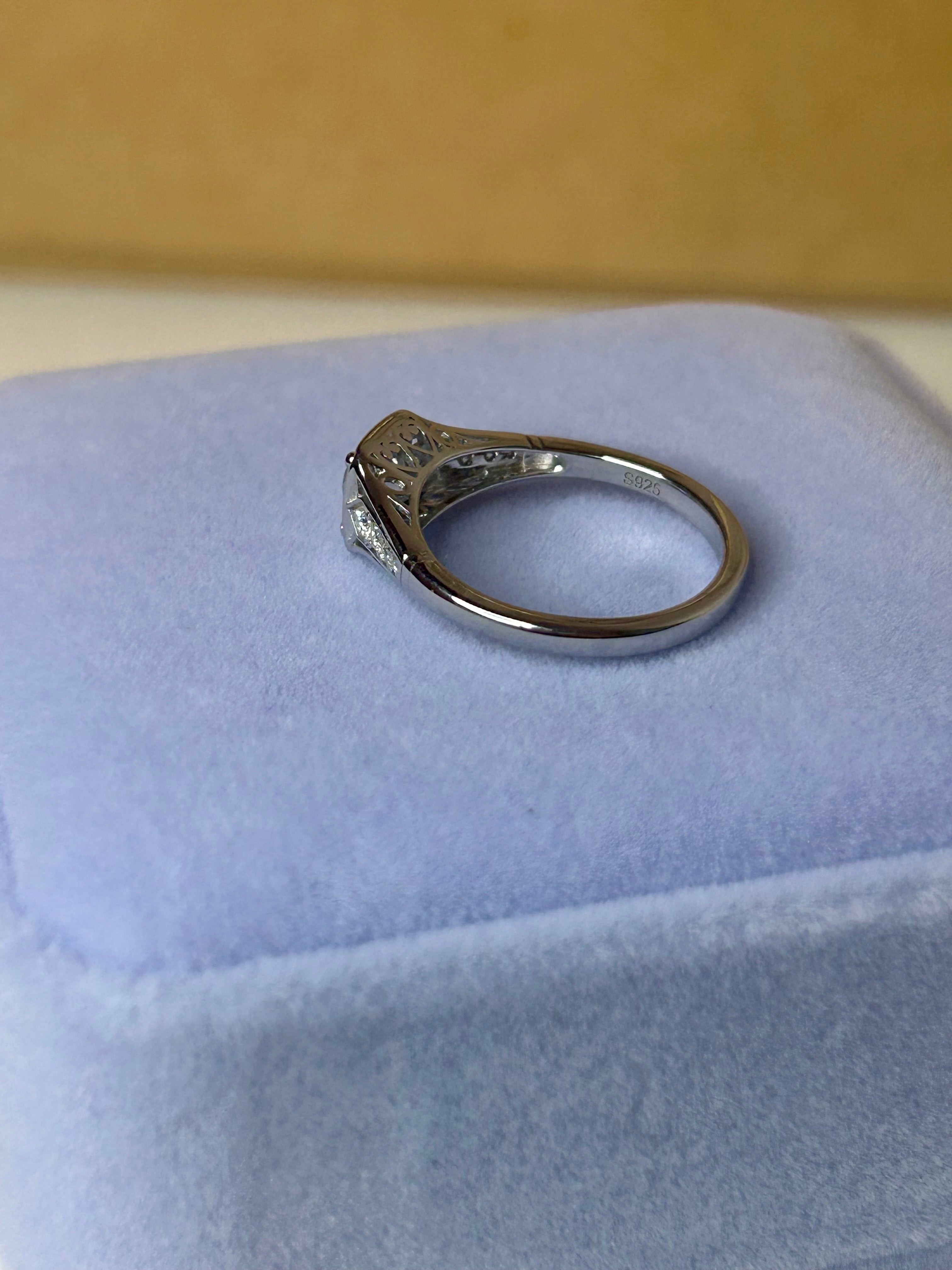 Moissanite Vintage Inspired Travel Ring – 6x6mm Round Center Stone, Sterling Silver, SZ 7