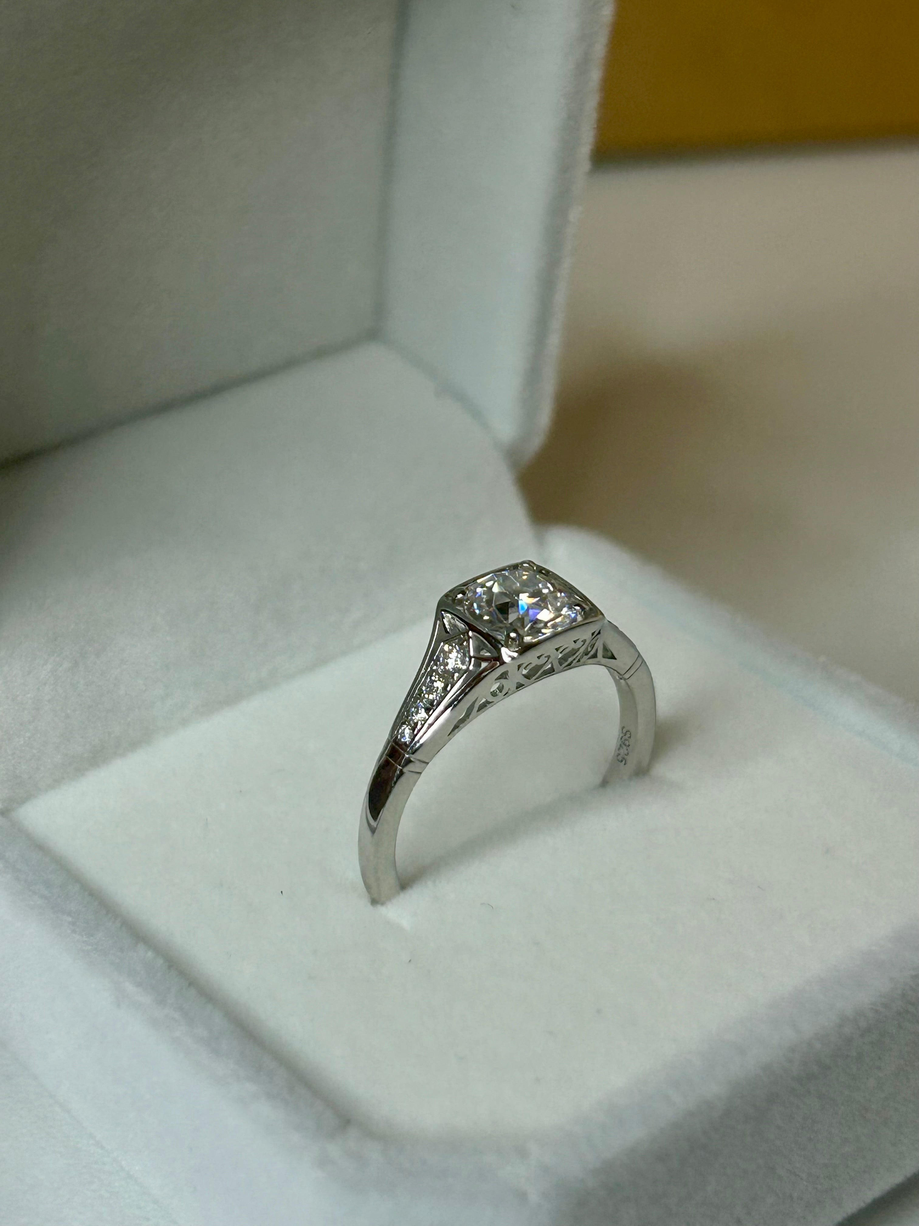 Moissanite Vintage Inspired Travel Ring – 6x6mm Round Center Stone, Sterling Silver, SZ 7