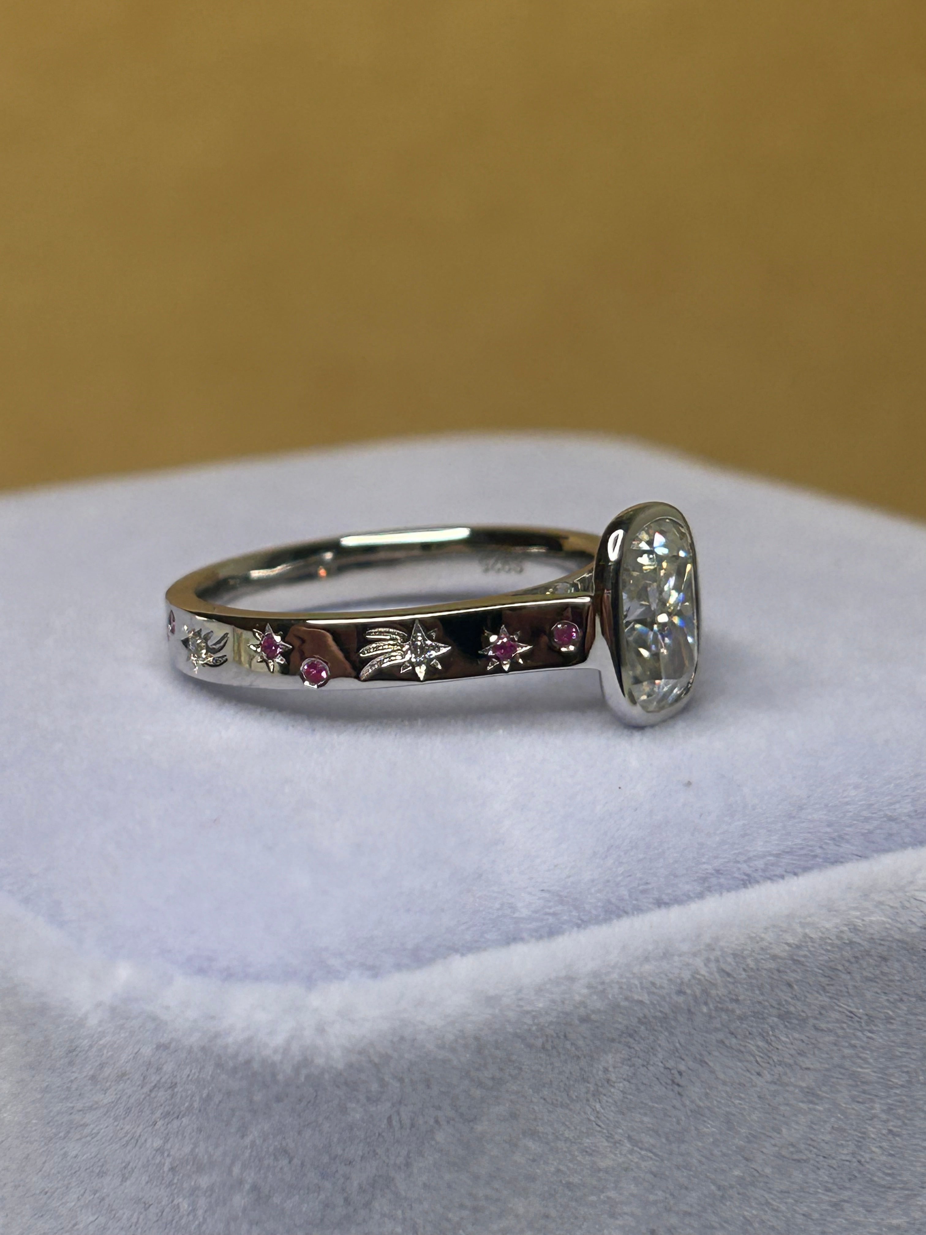 Cushion Cut Moissanite Ring – 7.5 x 9.5 mm Center Stone, Pink Sapphire Accents
