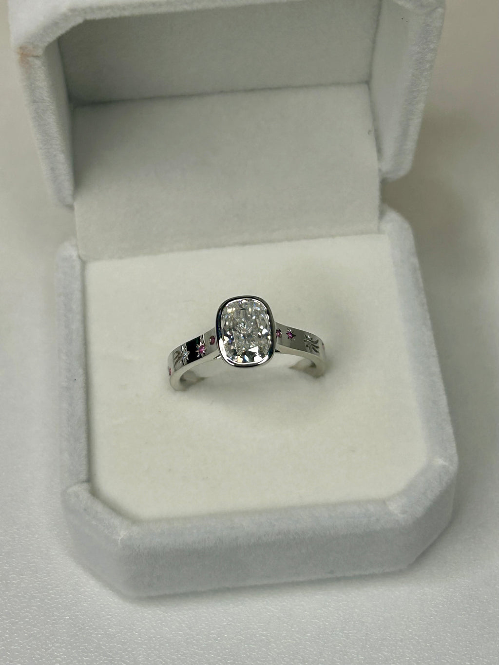 Cushion Cut Moissanite Ring – 7.5 x 9.5 mm Center Stone, Pink Sapphire Accents