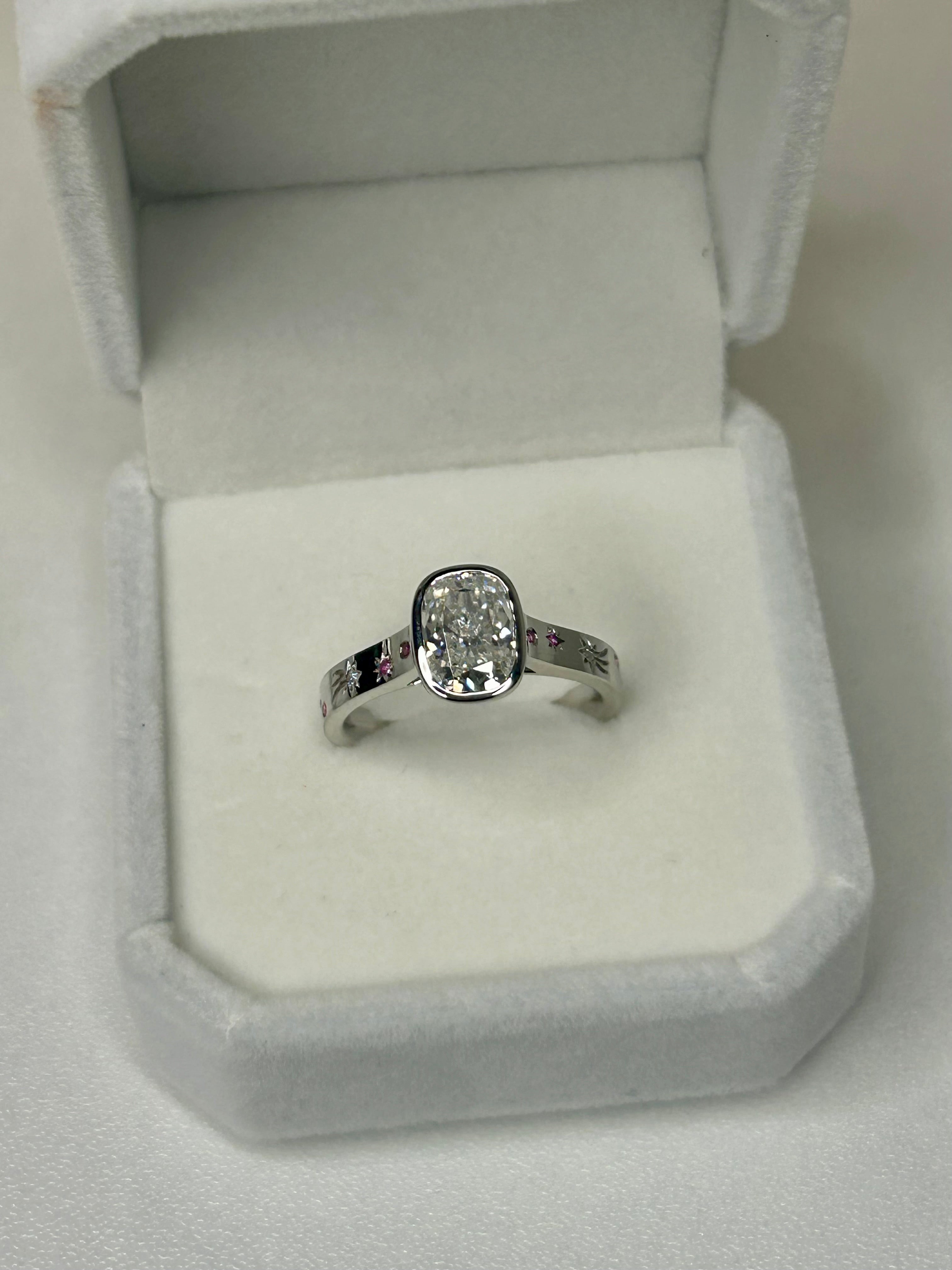 Cushion Cut Moissanite Ring – 7.5 x 9.5 mm Center Stone, Pink Sapphire Accents