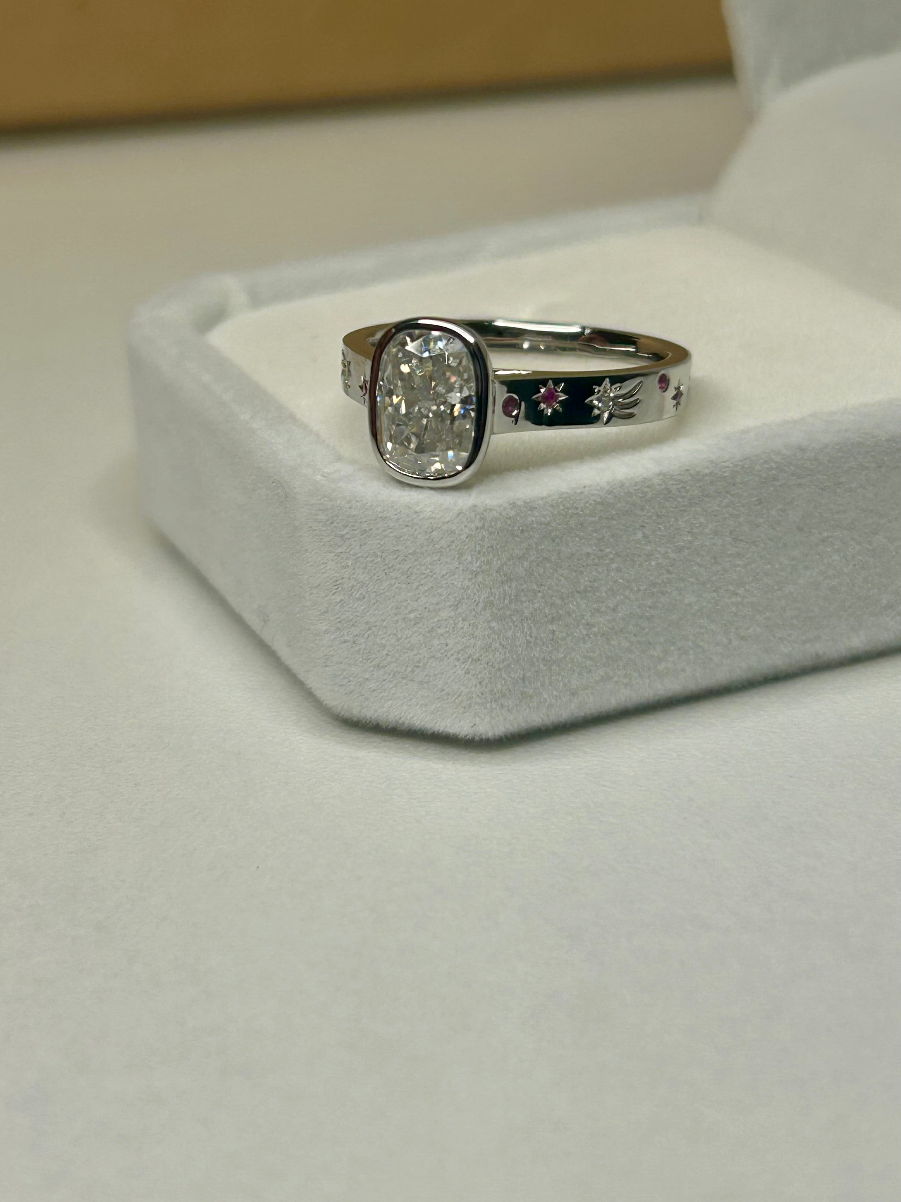 Cushion Cut Moissanite Ring – 7.5 x 9.5 mm Center Stone, Pink Sapphire Accents