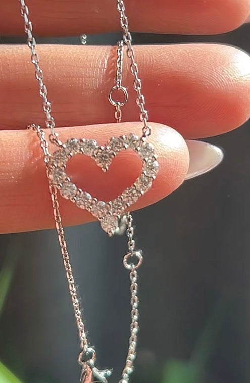 Sterling Silver Moissanite Open Heart Necklace – Adjustable 16"–18"
