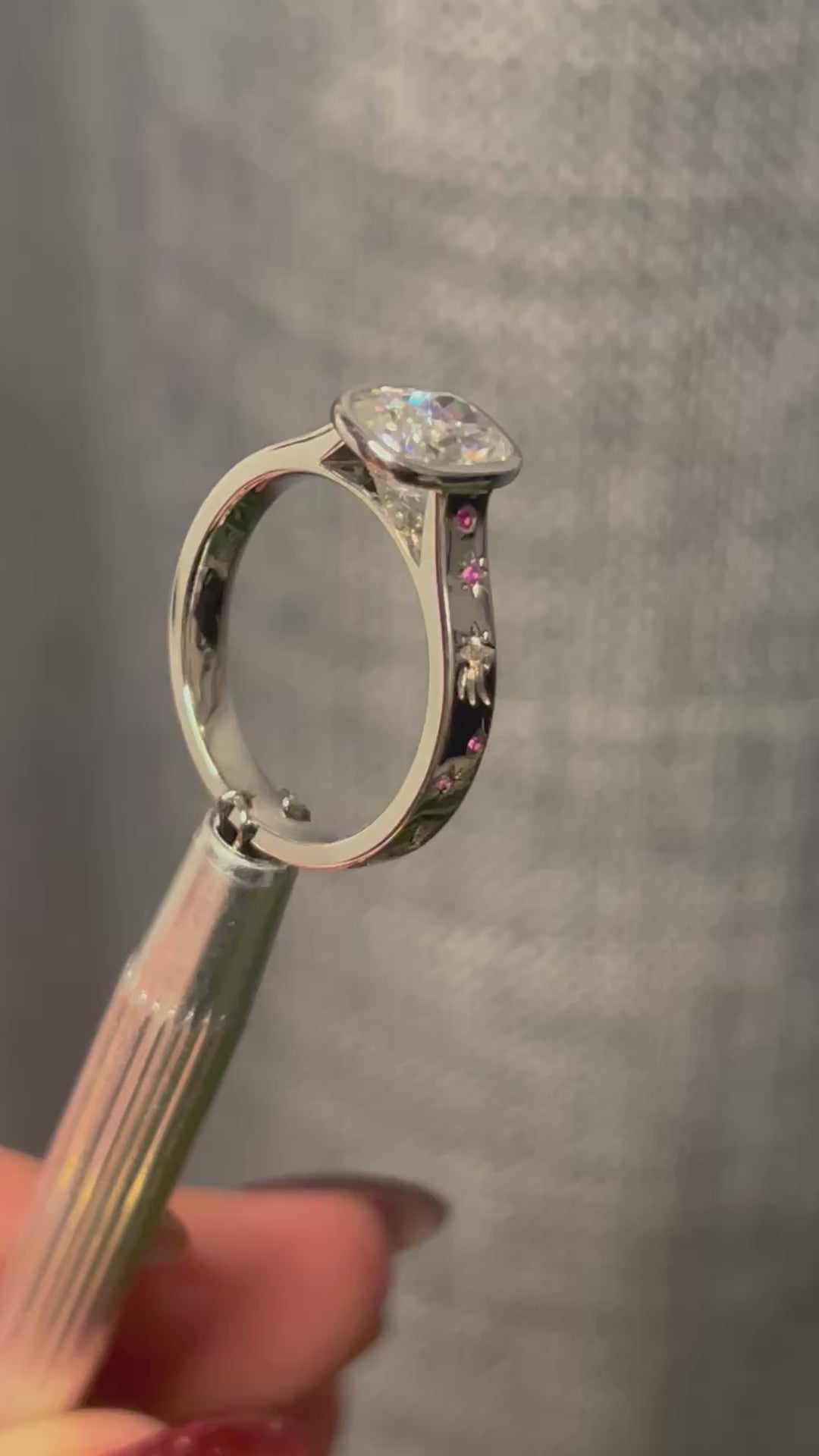 Cushion Cut Moissanite Ring – 7.5 x 9.5 mm Center Stone, Pink Sapphire Accents